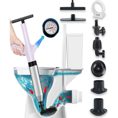 Déboucheur Canalisation Haute Pression, Déboucheur Wc Air Comprimé avec 4 Différentes Ventouses, Piston de Toilette pour Déboucher les Toilettes, Baignoire, Drain de sol, Lavabo (Blanc) (1/5)
