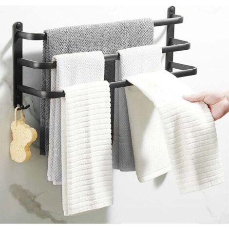 Porte Serviettes Salle de Bains, Barres Porte Serviettes Mural Noir Adhesif pour Douche et Cuisine, Étanche Barres Porte avec Crochet 502414.4cm (1/5)