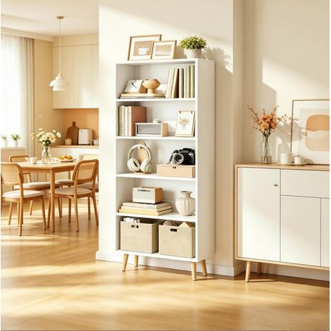 Libreria a giorno 5 ripiani 60 x 24 x 144 cm, melaminico E1 bianco, piedi in legno (1/5)