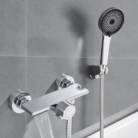Mitigeur Baignoire, Robinet Baignoire avec Douchette 5 Jets, Robinet Salle Bain Baignoire Mural avec Flexible 1,5m Gris Couleur Chrome (1/5)
