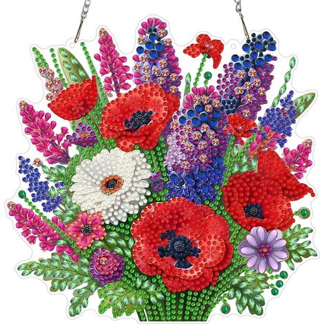 Diamant Painting Anhänger Mohnblumen mit Kette, Fensterbild Bastelset 20x20cm