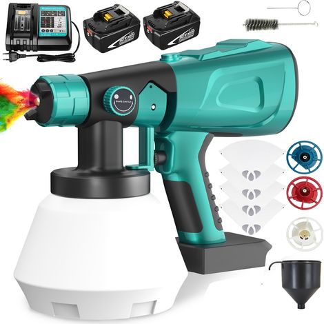 Pistole di pittura, 1000 ml di pistola di vernice vernice per vernice per vernice HVLP con filtri di vernice 4, 4 ugelli, batteria 2x5.5A +caricabatterie DC18RC, compatibile con la batteria Makita