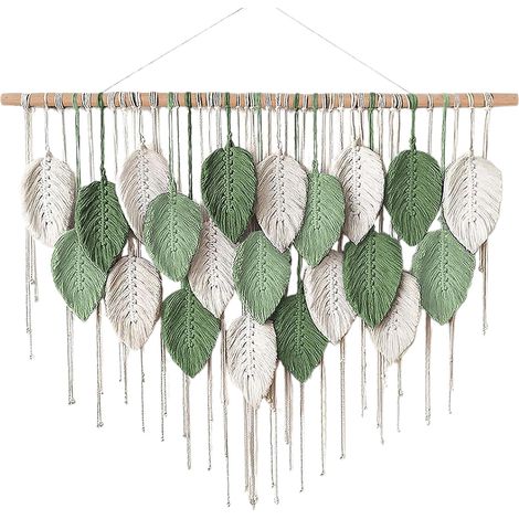 Tapiz nórdico  Decoración hecha a mano  Tapiz de pared  Tejido con cuerda de algodón  Lazos coloridos  Blanco, verde claro, verde oscuro (1/4)