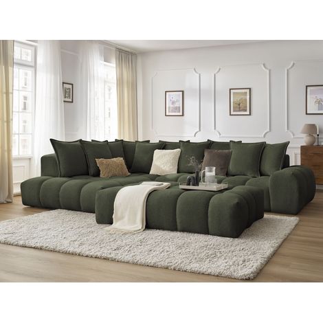 BOBOCHIC - Canapé d'angle fixe EVEREST tissu chiné avec pouf Angle gauche  Vert (1/5)