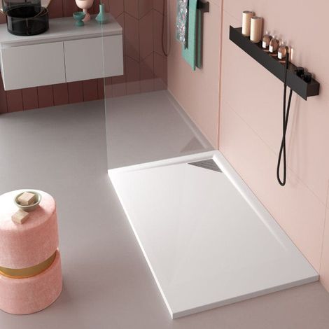 Receveur de douche 70x70 cm extra plat TRINITY blanc en résine minérale grille à Droite (1/4)