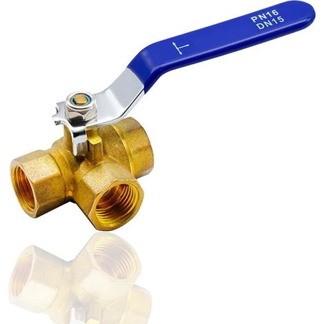 ( 1/2")Vanne à boisseau sphérique 3 voies DN15 (T Port) tuyau type T laiton robinet à boisseau sphérique 1/2" BSP femelle laiton, poignée à levier en acier inoxydable (1/5)