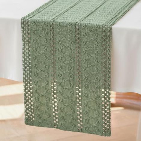 Boho Chemin de Table Vert Sauge Macrame 30 x 240 Centre de Table Decoration en Coton Lin Tissu Boheme Mariage Ferme Moderne Lavable Nappe Décor pour Champetre Cuisine Vacances Anniversaire (1/5)