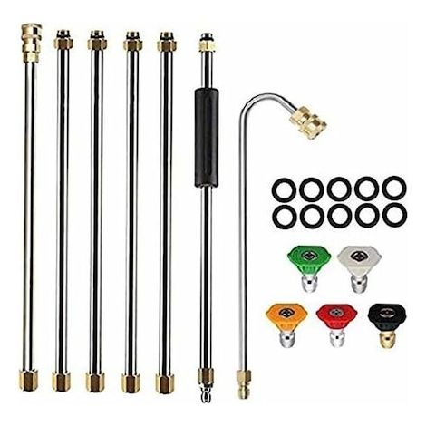 Kit de extensión de acero inoxidable para hidrolimpiadora (pistola de agua): 2,6 metros, varilla angular de 120°, presión: 4000 PSI, 7 piezas, 5 boquillas de diferentes colores. (1/5)