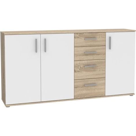 Buffet IKOLI AUCUNE - 3 portes 4 tiroirs Chêne Sonoma/Blanc L159,3 x P31,4 x H81,7 cm (1/5)