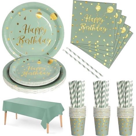 Vaisselle Jetable Anniversaire Vert Sauge et Or Assiette Inclure Carton Tasse Serviette Enfants Fête Décoration (1/5)