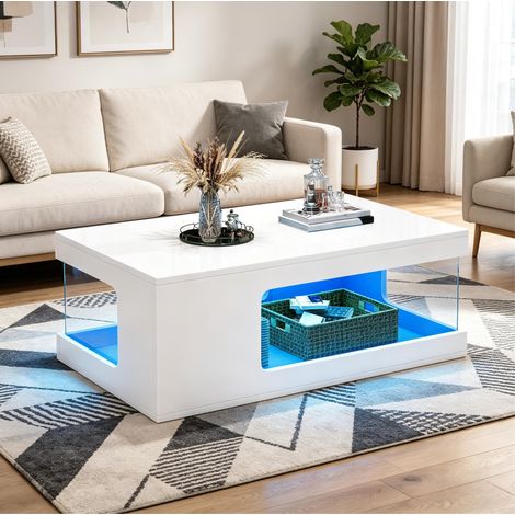 Mesa de centro 100x50x35 cm blanca en tablero de partículas con vidrio templado y LED (1/5)