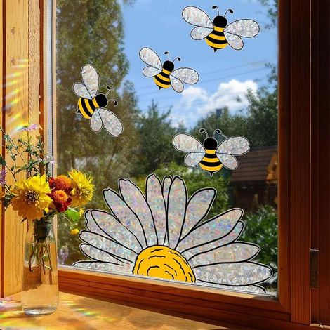 1 lot d'autocollants pour vitres aux motifs printaniers et estivaux, avec des abeilles et des tournesols, autocollants double face pour vitres, autocollants brillants en forme de prisme arc-en-ciel (1/5)