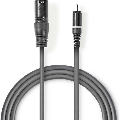 Cable de audio no balanceado  XLR macho de 3 pines  RCA macho  Niquelado  1,50 metros  Redondo  PVC  Gris oscuro  Funda de cartón