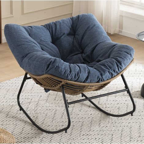 Fauteuil à bascule Papasan en chenille bleue, structure métal, 95 x 107 x 83 cm, OKWISH (1/5)