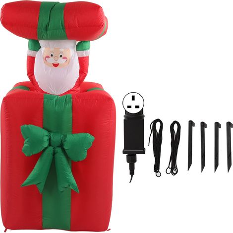 Père Noël gonflable lumineux de 1,5 m (4,92 pi) pour décoration extérieure, avec boîte cadeau et prise britannique 100-240 V. (1/5)