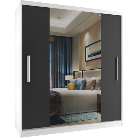 BELINI Grande Armoire 2 Portes Coulissantes VERONA ME 133 cm - Miroir Intégré & Tringle - Chambre Adulte - Blanc / Noir Mat (1/5)