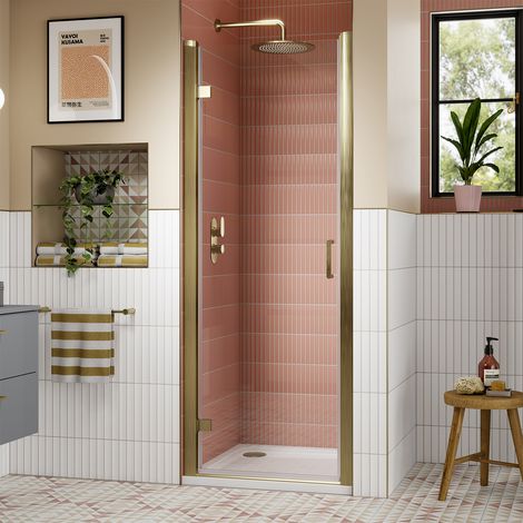Lucie Brushed Brass Hinged Shower Door 900mm Wide - 8mm Glass (1/4)