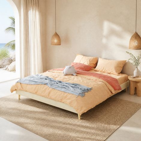 Lit 160x200 cadre de lit bas en velours beige avec sommier à lattes HAVRYA (1/5)