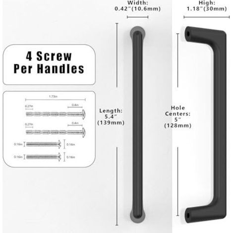 Lot de 10 poignées de meuble noir mat de 128 mm (5 pouces) pour placards de cuisine et tiroirs. (1/4)