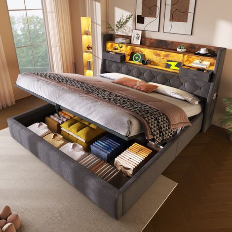 MODFU – Lit coffre 140x190 cm lin, bois et métal – Coffre hydraulique, tête LED USB/Type-C et sommier – Charge 181 kg, 2 butées en U – Chambre – Gris (1/5)