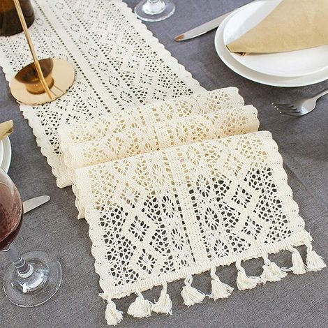 Makramee-Tischläufer, durchbrochene florale Spitze aus Baumwollmischung mit Quasten für Tischdekoration bei Hochzeiten, Brautpartys, Esstischen, als Bettüberwurf (Größe: 24) (1/5)