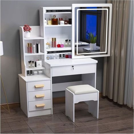 TrAdE Shop Traesio - Set Tavolo Da Toeletta Per Trucco Cosmetici Con Specchio Led Morbido Sgabello Cassetti - Bianco