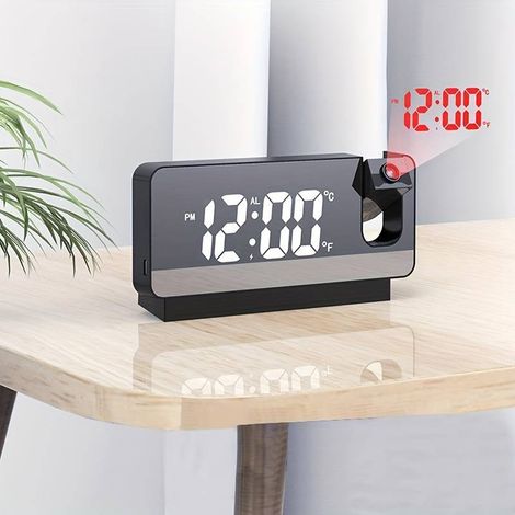 Réveil électronique intelligent à projection miroir, horloge lumineuse LED multifonctionnelle, horloge numérique avec thermomètre intégré pour salon et chambre.
