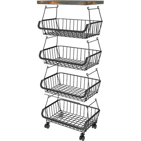Panier de rangement rotatif à roulettes avec plateau supérieur, chariot organisateur de fruits et légumes à plusieurs niveaux en fil métallique pour la cuisine, 5 niveaux (1/5)