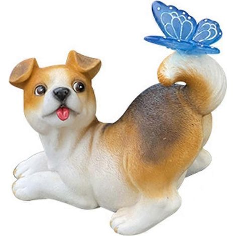 Gartenfigur „Hund/Kaninchen“ mit Schmetterling und Solarleuchte für Terrasse und Garten, leuchtende Gartendekoration