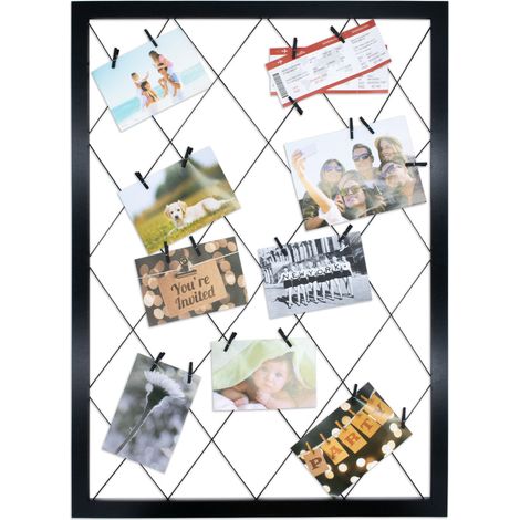 Holz Bilderrahmen schwarz mit Gummileinen - 75 cm x 55 cm - DIY Foto Collage Rahmen mit 20 Holzklammern - Gitter Fotohalter Bildergalerie Fotoboard Fotoleine