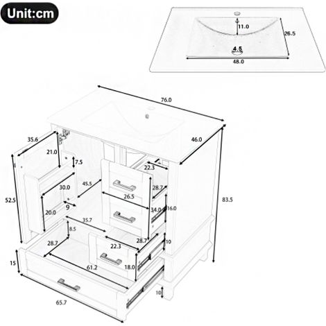 Meuble de salle de bain sur pied 76 x 46 x 83,5 cm avec vasque – Meuble sous‑vasque finition laquée intégrale, étagère de porte, trois tiroirs silencieux, vasque céramique intégrée, blanc – Rangement