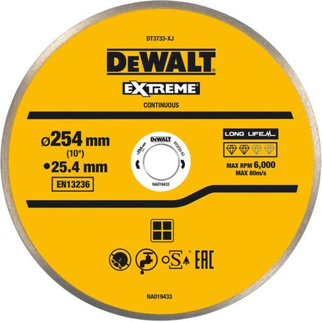 Dewalt – Disque pour scie à carrelage 250mm – Alésage 25,4mm – Épaisseur 1,6mm – Pour céramique et porcelaine – Découpe précise sans éclats - DT3733-XJ