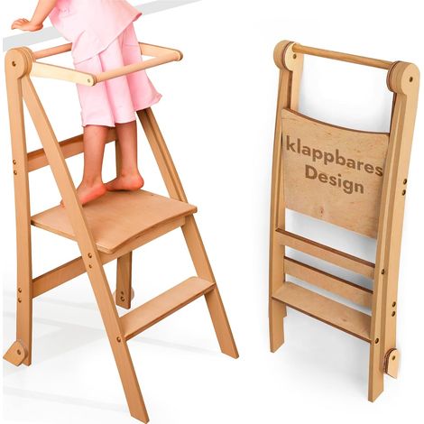 Holz Lernleiter Montessori platzsparend: Klappbare Lernleiter, Hocker für Kinder, Faltbare Kindertreppe, Lernleiter mit Kippschutz (Beige)