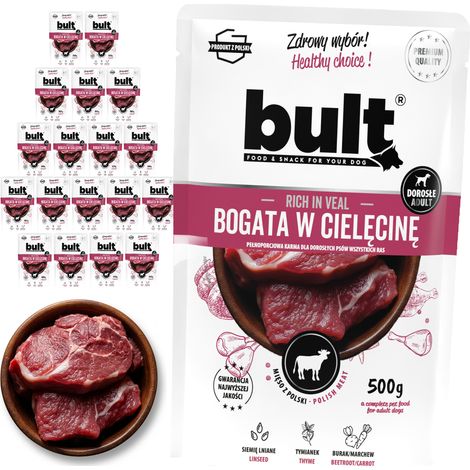 Alimento húmedo para perros BULT sabor ternera, sobre de 20 x 500 g. (1/2)