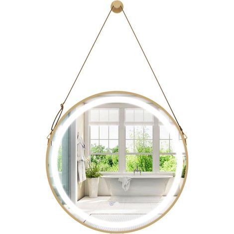 Hangender badezimmerspiegel mit aufhangegurt 3 farbigem led licht speicherfunktion