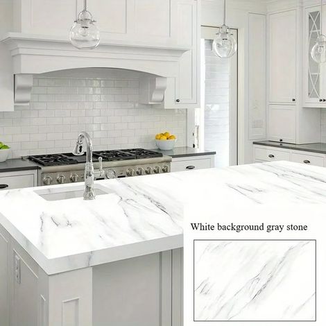 Papier peint autocollant 1 lés, imperméable et résistant à l'humidité, fond blanc effet pierre grise, dimensions 60 x 300 cm, pour décoration chambre et cuisine (1/5)