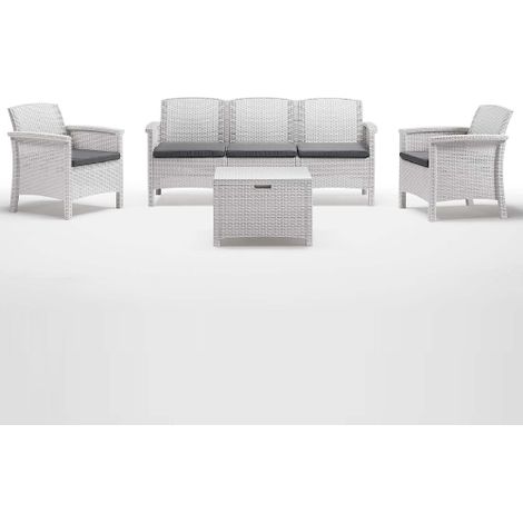 Bica – Salon de jardin Venezia III – Canapé 3 places en polypropylène effet rotin blanc – Fauteuils et table basse avec coussins