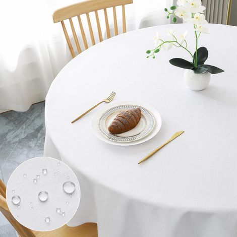 Nappe ronde 140cm blanc, lavable, imperméable, aspect lin