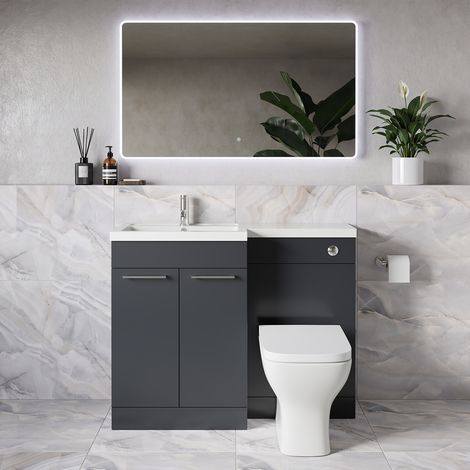 Napoli 390 Gloss Grey 1100mm 2 Door Vanity Unit Toilet Suite with Square Left Hand Lucia Basin - 1100mm - Chrome 160mm HandleWith Kingston Toilet Pan and Seat