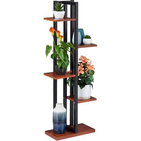 Relaxdays – Étagère à plantes 5 niveaux H117 x L43 x P22 cm – Acier et MDF – Support intérieur pour fleurs et plantes d'intérieur – Brun foncé - HLP 117 X