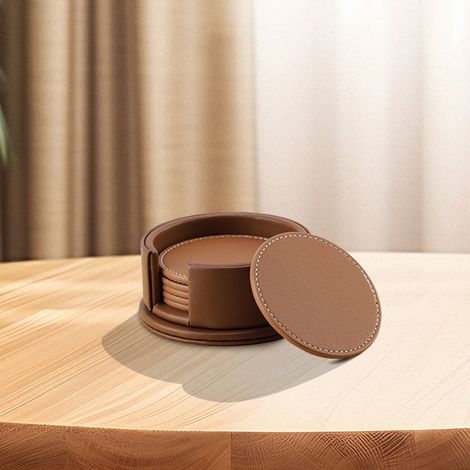 Lot de 6 dessous-de-verre ronds en cuir en PU, ils protègent la table, isolent de la chaleur, sont antidérapants et imperméables (1/5)