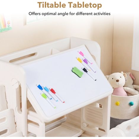 Bureau et chaise enfant blanc en HDPE avec étagères latérales, plateau inclinable et effaçable pour chambre et salle de jeux (1/5)