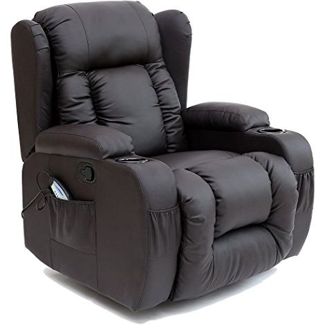 CAESAR 10 IN 1 WINGED LEATHER RECLINER CHAIR ROCKING MASSAGE SWIVEL HEATED BROWN (1/5)