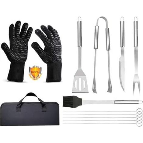 Kit Barbecue 9 Pièces en Acier Inoxydable avec Gants Résistants à 800°C (1472°F) - Ustensiles de Cuisine pour Grillade, Camping, Cadeau Homme - Sac de Transport Inclus (1/5)