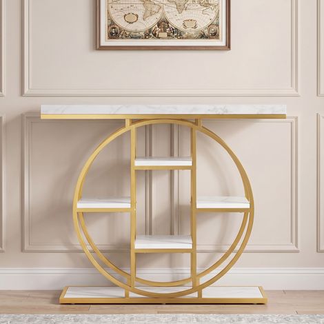 Table Console d'Entrée Meuble d'Entrée Industrielle 6 Étagères Rangement Plateau 4cm 100 x 30 x 81,5cm Blanc (1/5)