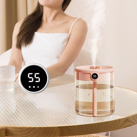 2-Liter-Luftbefeuchter mit Doppelsprühfunktion, großes Fassungsvermögen, USB-Anschluss, für Zuhause, leiser Betrieb, Schlafzimmer, Büro, mit Nachtlicht, Digitalanzeige, rosa (1/5)