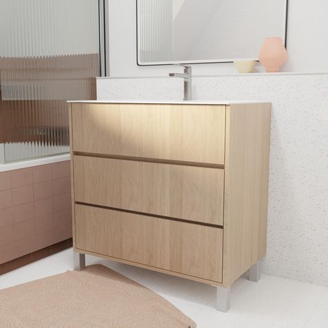 Set Mobile Bagno 80 cm Rovere Chiaro 3 Cassetti con Lavabo in Ceramica - XENOS