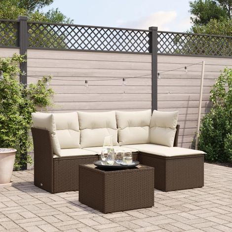 Salon de jardin 5 pièces avec coussins, résine tressée marron, table et sièges modulaires - PANGIVO (1/3)