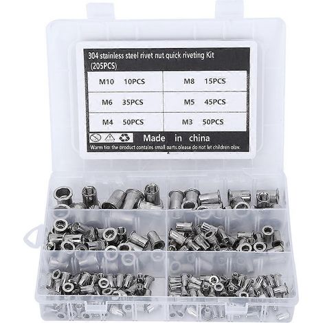 205-teiliges Schnellniet-Sortiment mit Edelstahl-Nietmuttern M3-M10 in transparenter Box