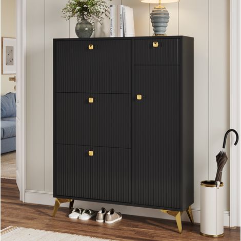 MEUBLIV Meuble à chaussures noir 90 x 25 x 121 cm – 3 abattants, 1 tiroir et 1 porte (1/5)
